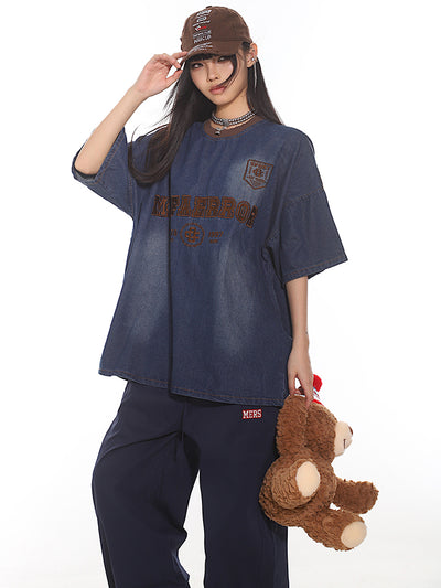 American Retro Letter Embroidery Denim Loose T-shirt UNC0137