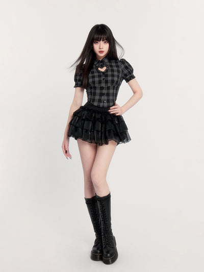 Hollow Heart Plaid Slim Design Puff Sleeve Short Shirt VOC0233