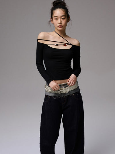 One-shoulder Beaded Strap T-shirt JIN0035