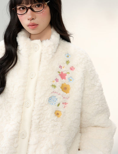Floral Embroidered Stand Collar Plush Coat NTO0240