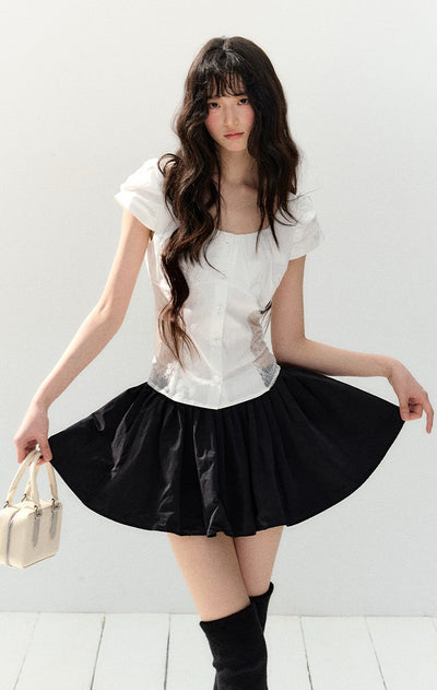 White Lace Puff Sleeve Shirt/Skirt SHI0139