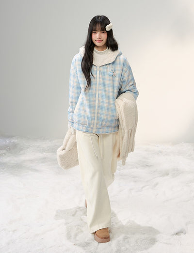 Plush Bear Ear Hooded Plaid Furry Jacket NTO0251