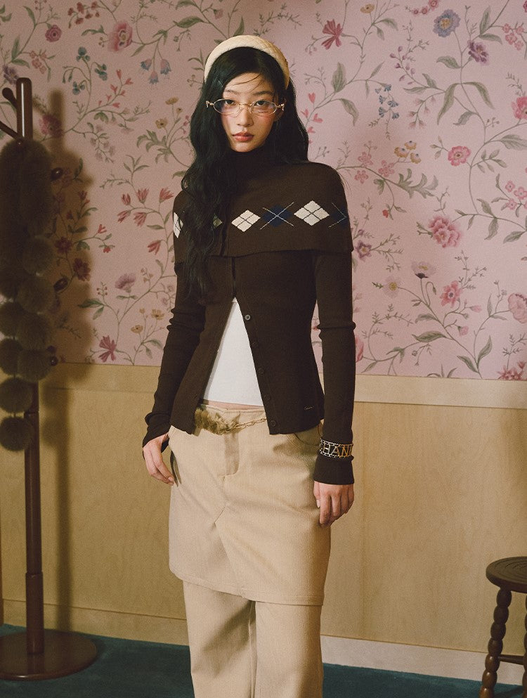 Argyle Design Long-Sleeved Knitted Cardigan LAL0230