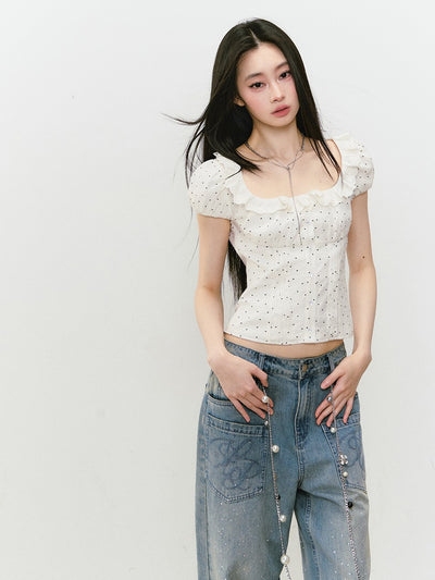 Lace Polka Dot Short-sleeved T-shirt VIA0297