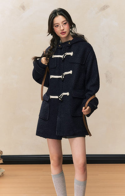 Navy Blue Hooded Woolen Horn Button Mid-length Coat SHI0106