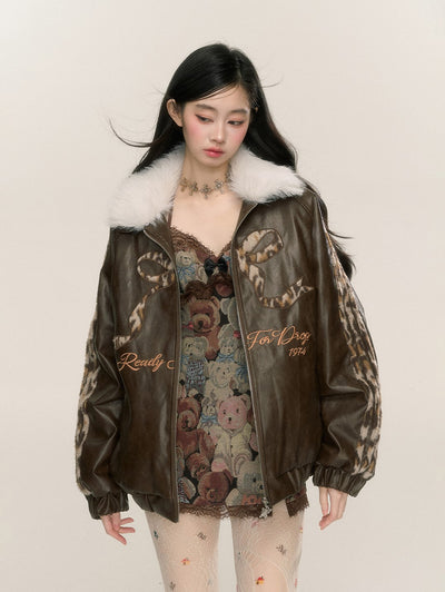 Fur Collar Loose Leopard Print Leather Jacket DIA0223