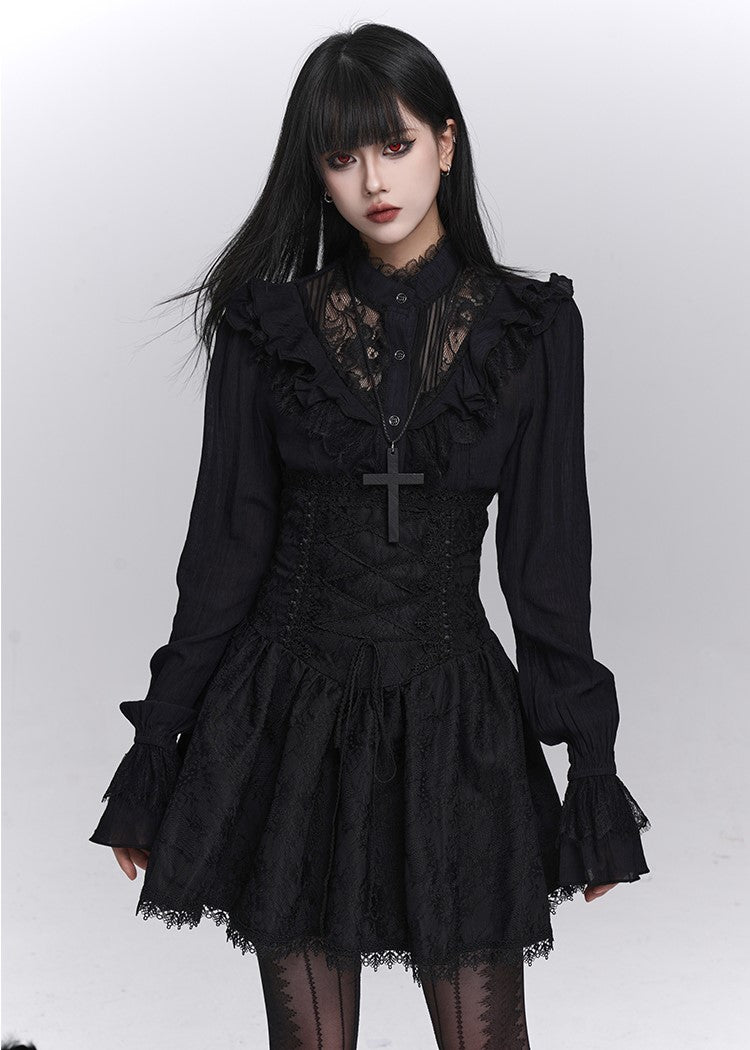 Black Long-Sleeved Lace Shirt LAD0244