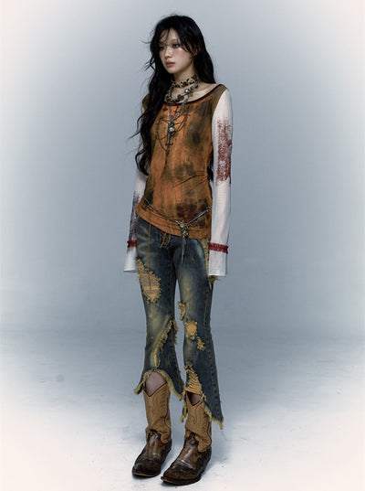 Retro Punk Patchwork Lace Ripped Cropped Flared Jeans NOR0069