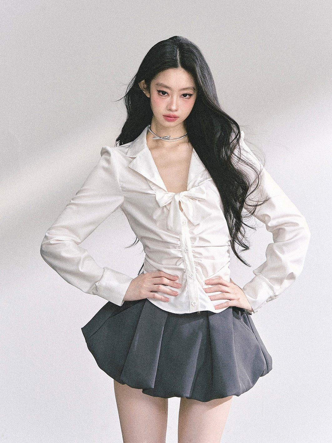 Bow Pleated Slim Shirt DIA0537