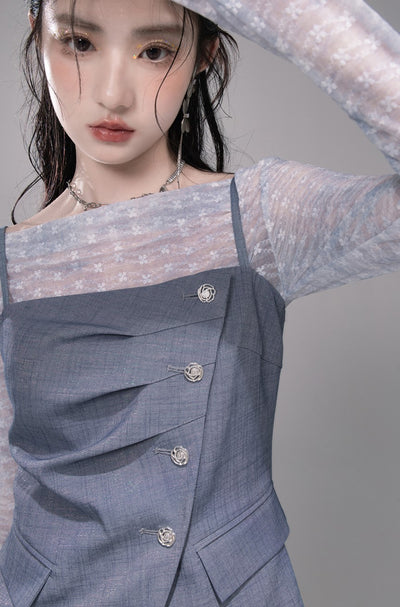 Starry Gray-Blue Camisole+Pants+Tulle Top COT0339