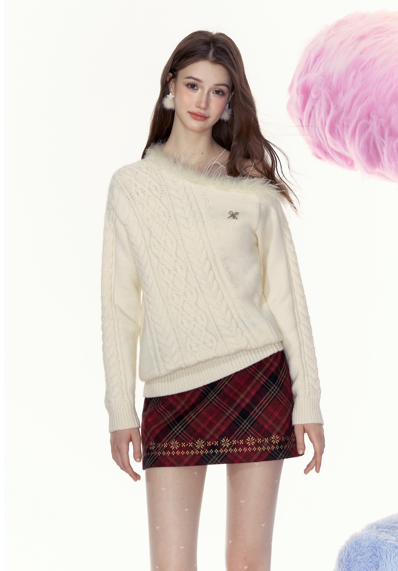 Snow Mist Dream Off-shoulder Fur Collar Sweater AYF0059