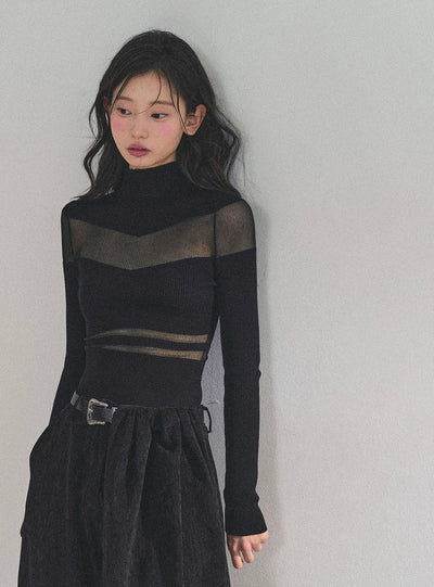 See-through High Neck Slim Sweater DIA0700