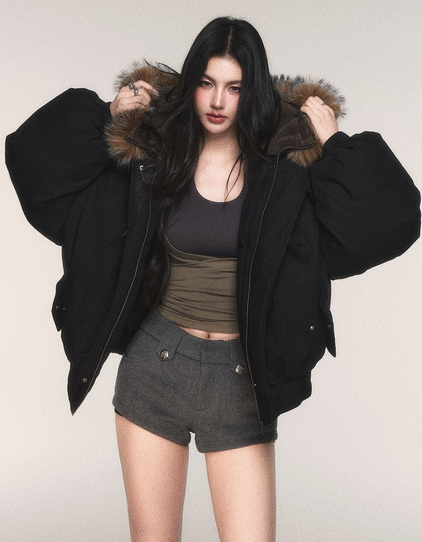 Black Hooded Large Fur Collar Down Jacket LUL0213