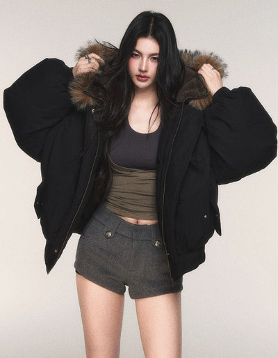 Black Hooded Large Fur Collar Down Jacket LUL0213