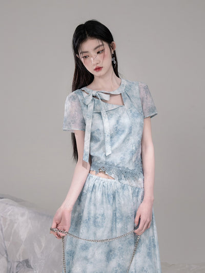 Blue Bow Collar Shirt+Irregular Skirt COT0316