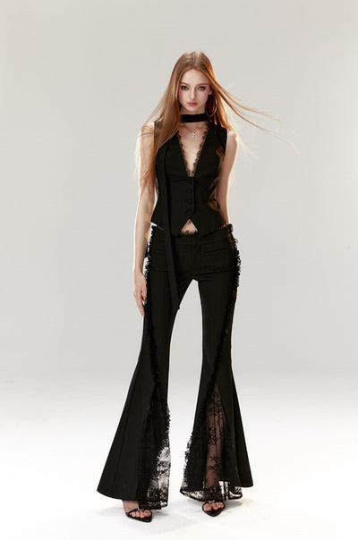 Lace Flared High Waist Black Suit Pants 4MU0040