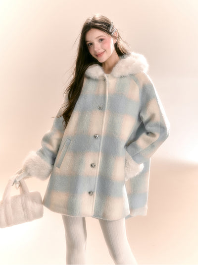 A-line Hooded Checkered Woolen Tweed Coat QDQ0101