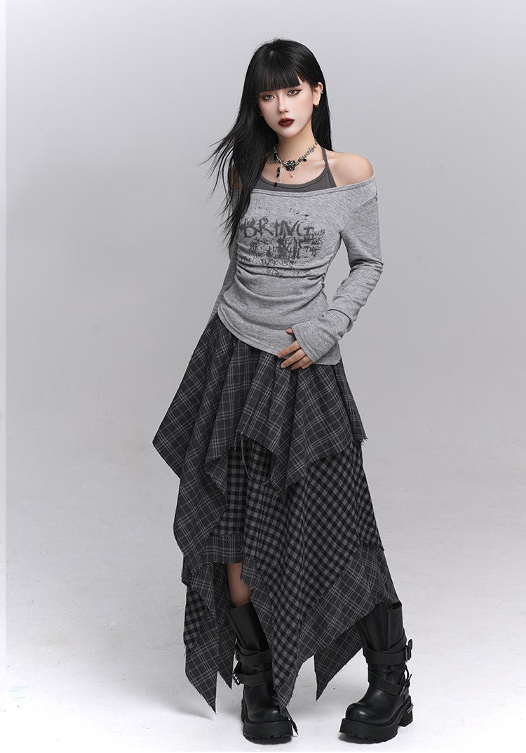 Irregular Hem Plaid Midi Skirt LAD0227