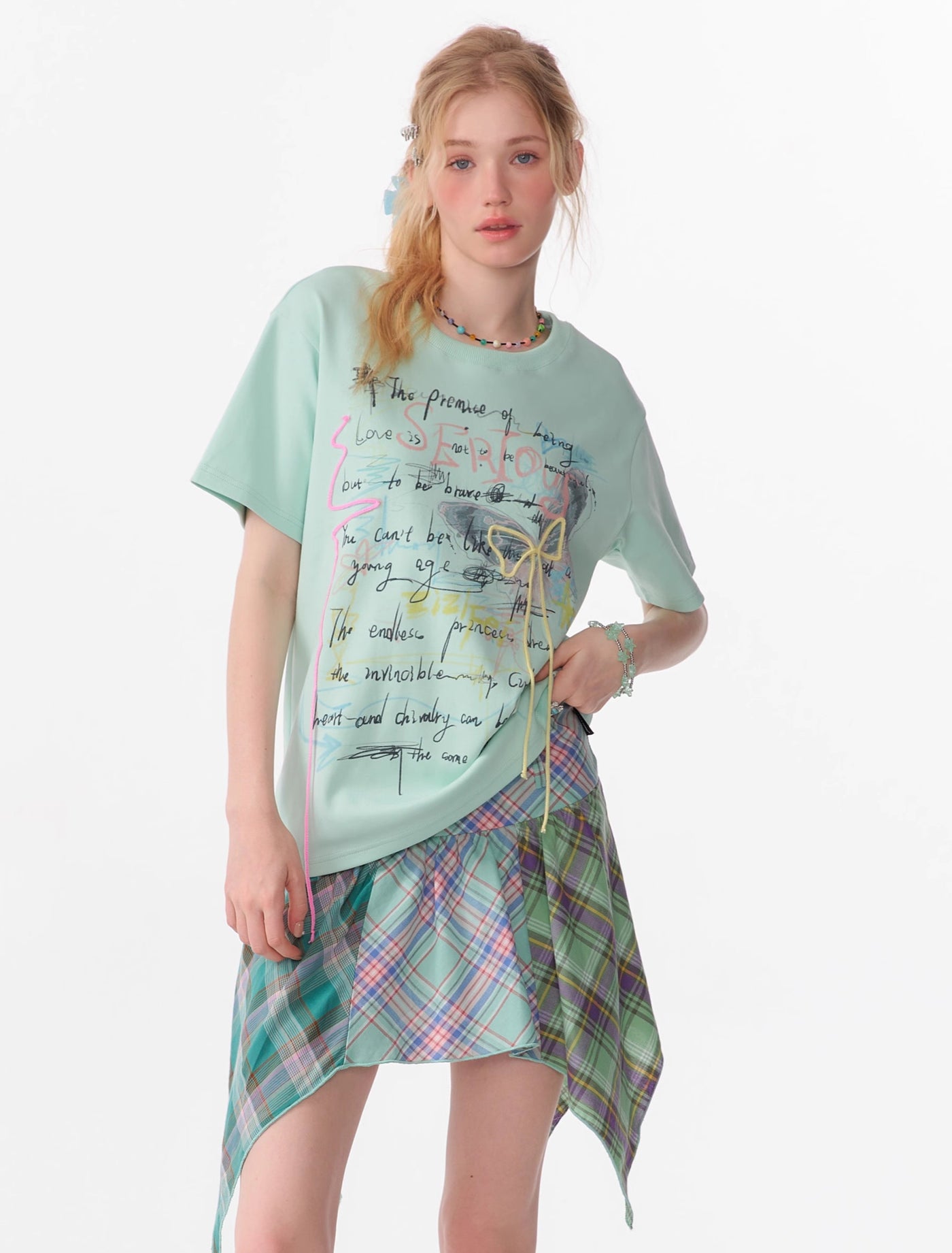 Graffiti Print Loose Bow Short-sleeved T-shirt ZIZ0108