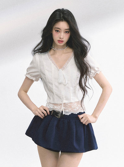Lace V-neck Puff Sleeve Shirt DIA0521