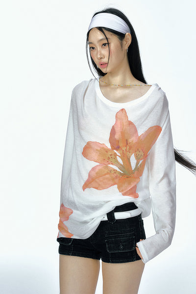 Flower Print Long-sleeved Sunscreen Thin Knitted T-shirt CUR0115