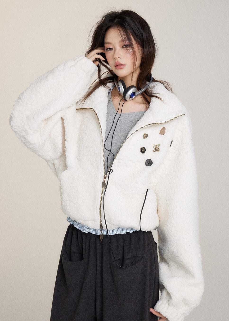 Teddy Bear Fur Button Decorated Short Jacket VIA0182