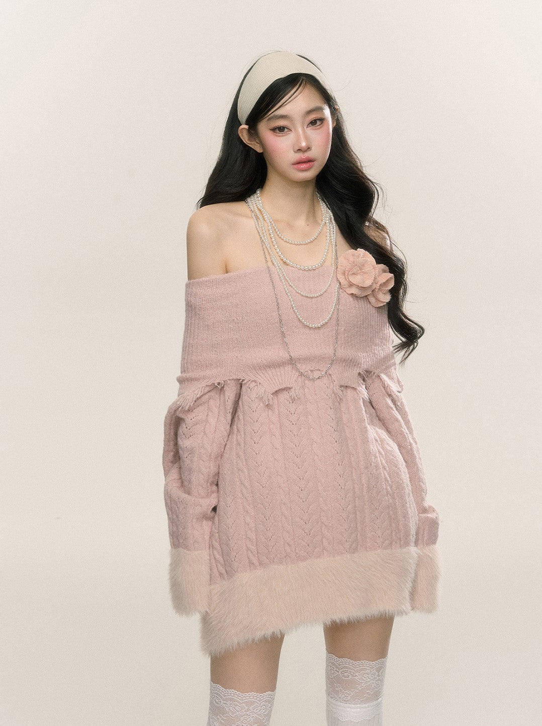 Misty Powder Style One Shoulder Knitted Short Dress DIA0239