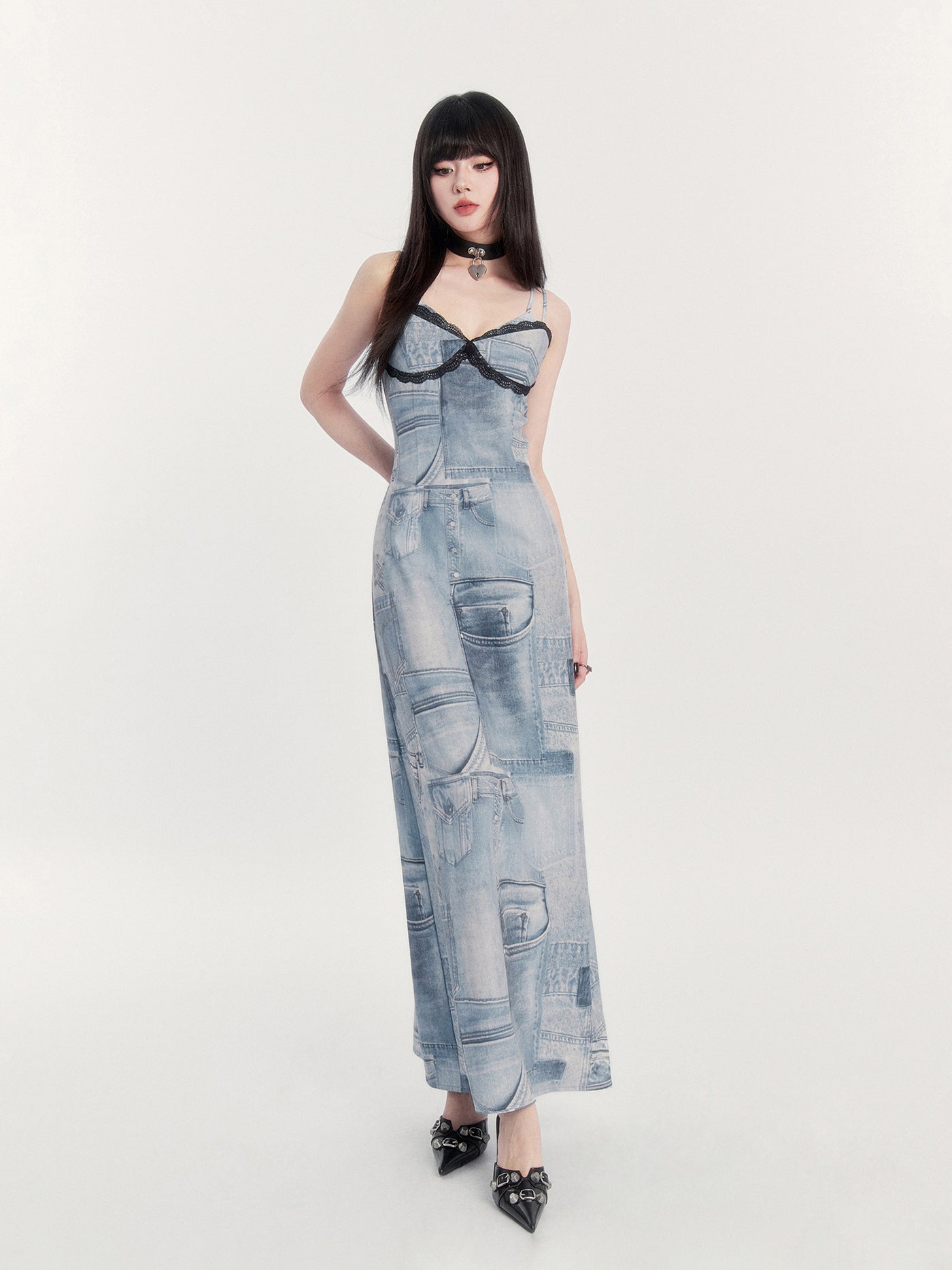 Retro Denim Print Suspender Maxi Dress VOC0410
