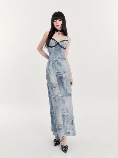 Retro Denim Print Suspender Maxi Dress VOC0410