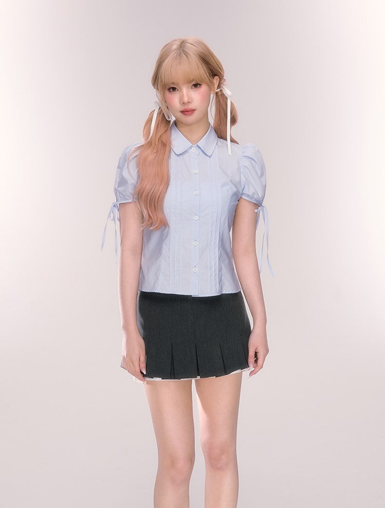 Blue Bowknot Puff Sleeve Shirt QDQ0069