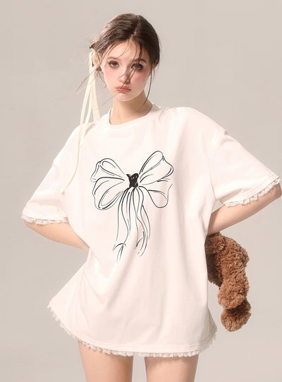 Bow Lace Edge White Loose Short-sleeved T-shirt DIA0083