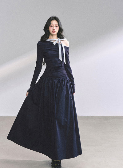 Off-shoulder Waist Slim Bow Dress DIA0574