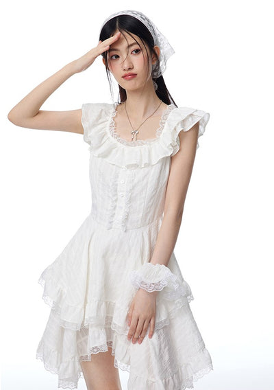 Ruffle Irregular Lace Textured White Dress NTO0092