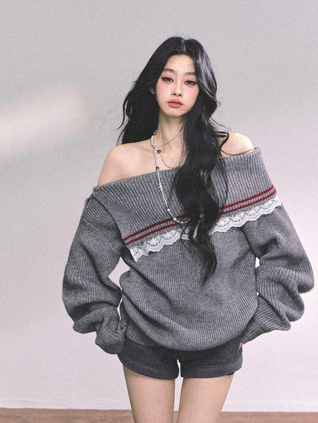 Lace Off-shoulder Loose Sweater DIA0632