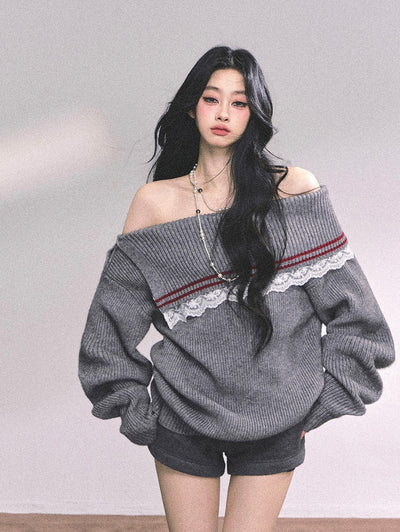 Lace Off-shoulder Loose Sweater DIA0632