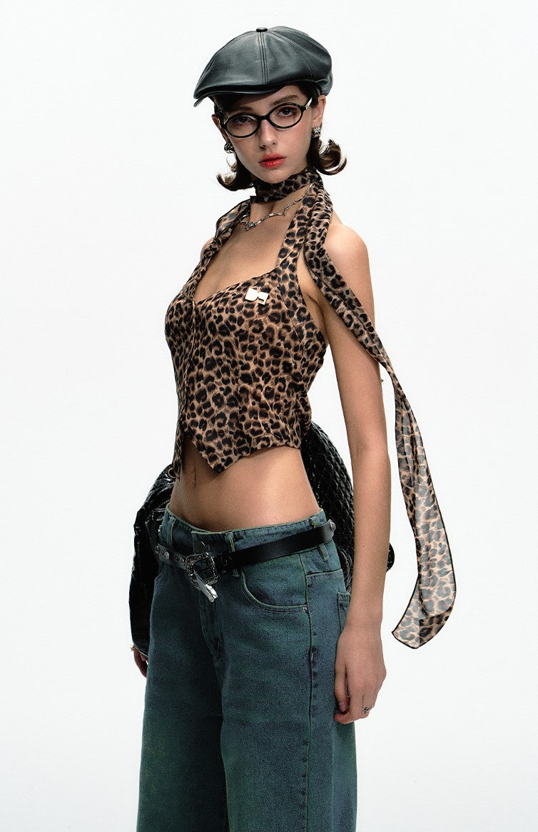 Leopard Print Metal Label Versatile Irregular Halter Neck Vest DPR0054