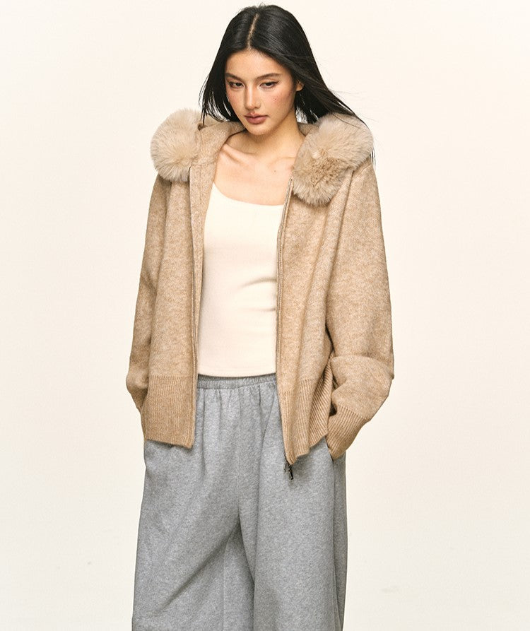 Double Zipper Large Fur Collar Knit Cardigan ANA0094