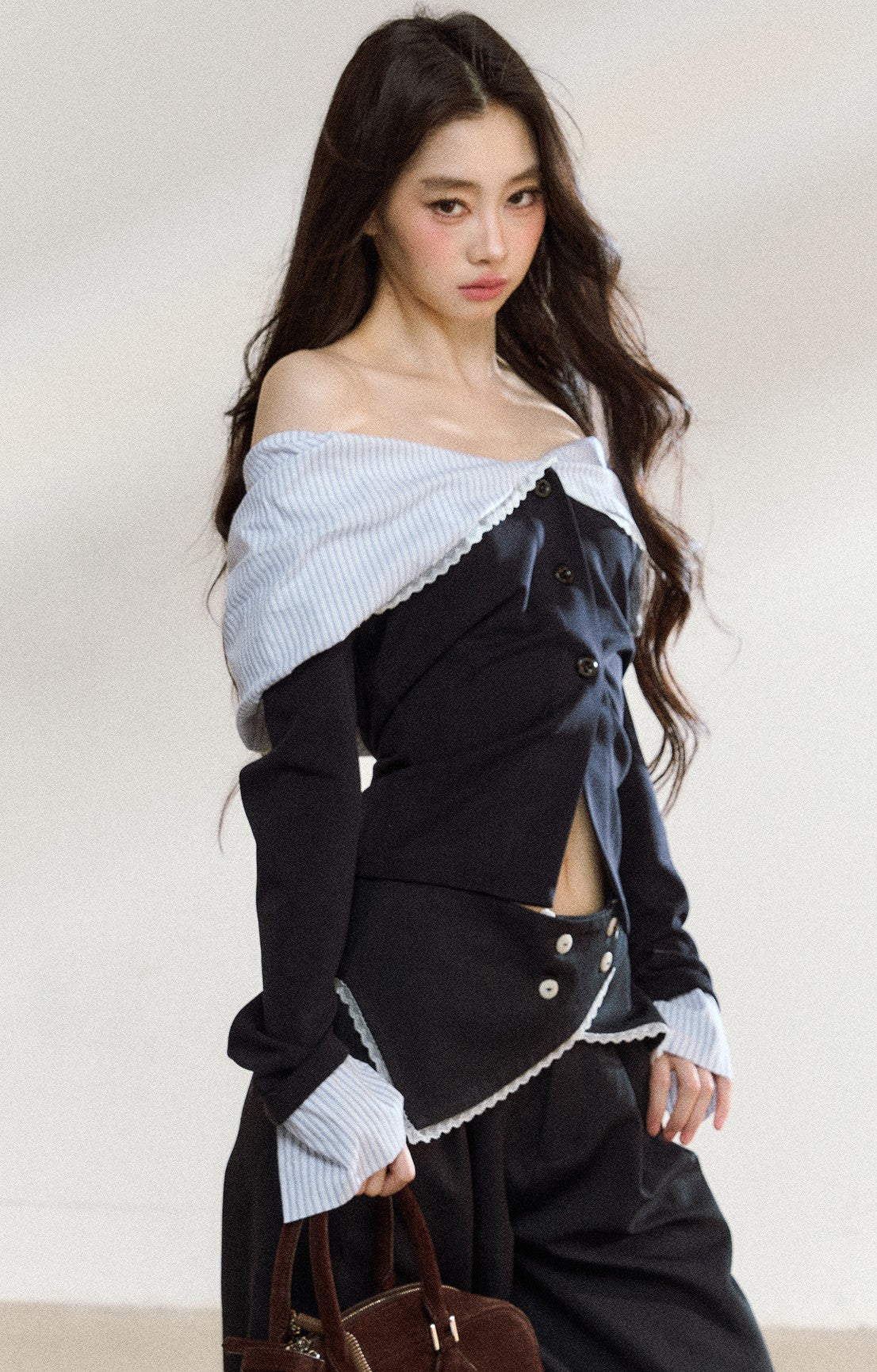 Off Shoulder Splicing Lapel Top/Wide-leg Pants SHI0207