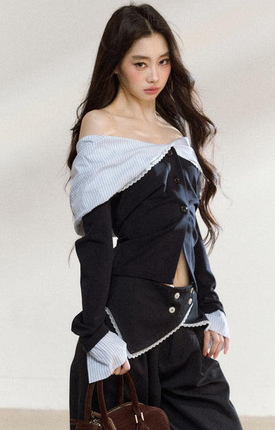 Off Shoulder Splicing Lapel Top/Wide-leg Pants SHI0207
