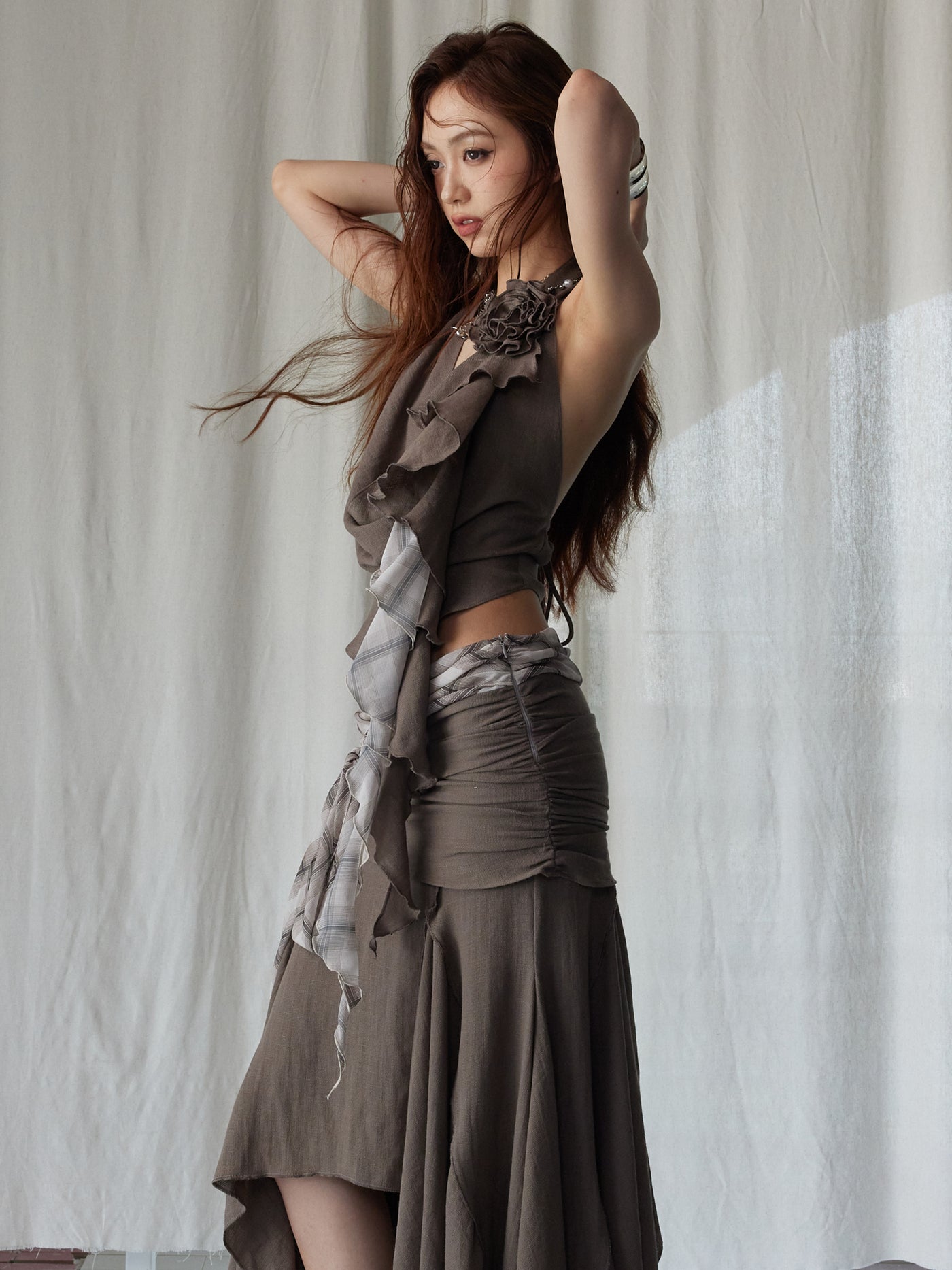 Splicing Irregular Swing Halter Neck Top/Skirt JNY0243