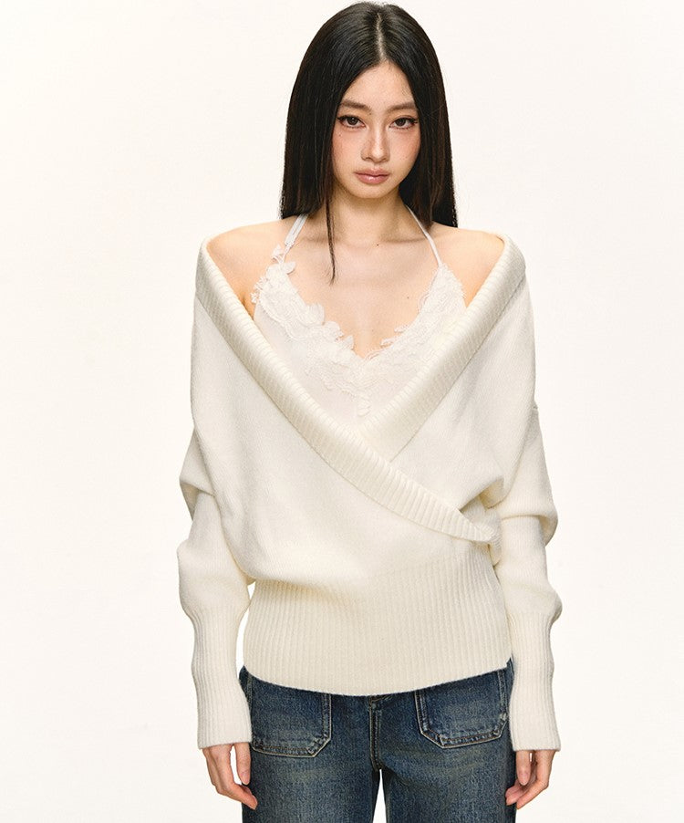White V-neck Sweater/Lace Camisole ANA0091