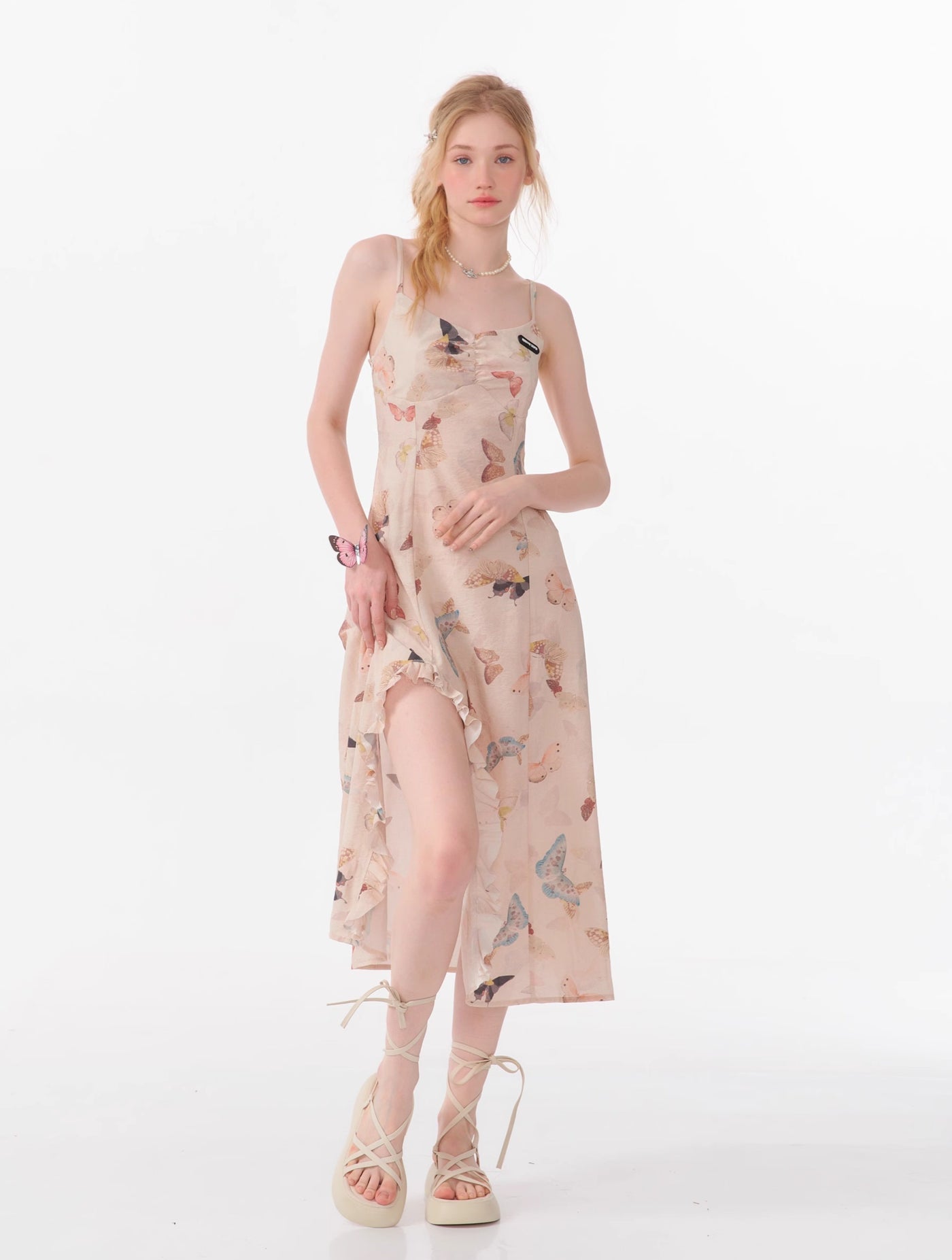 High-end Design Butterfly Print Long Slit Suspender Dress ZIZ0085