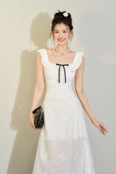 French Style White Bow Hollow Embroidery Square Collar Dress UND0076