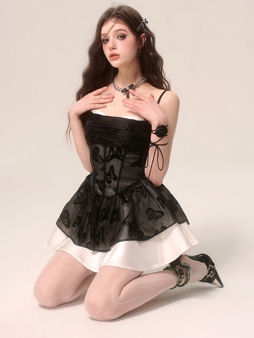 Black Fake Two-piece Butterfly Satin Suspender Dress DIA0070