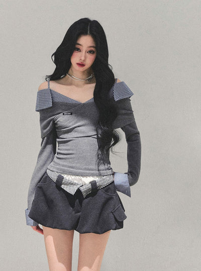 Off-Shoulder Long-Sleeve Plaid T-Shirt DIA0692