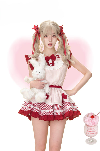 Strawberry Pink Check Dress/White Bubble Shorts SER0181