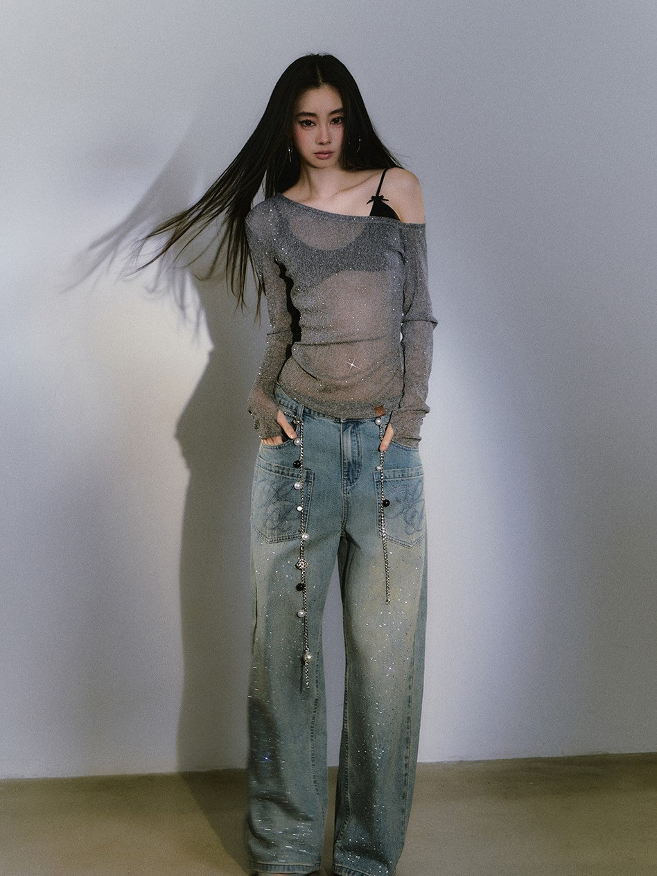Diamond One Shoulder Long-sleeved T-shirt VIA0340