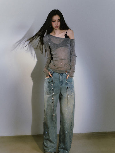 Diamond One Shoulder Long-sleeved T-shirt VIA0340