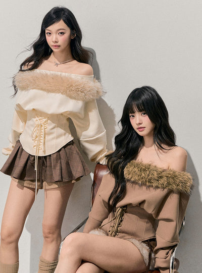 Fur Off-Shoulder Lace-up Waist T-Shirt DIA0744