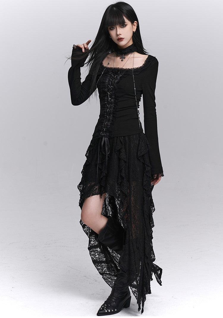 Black Long-Sleeved Lace Slim T-shirt LAD0248